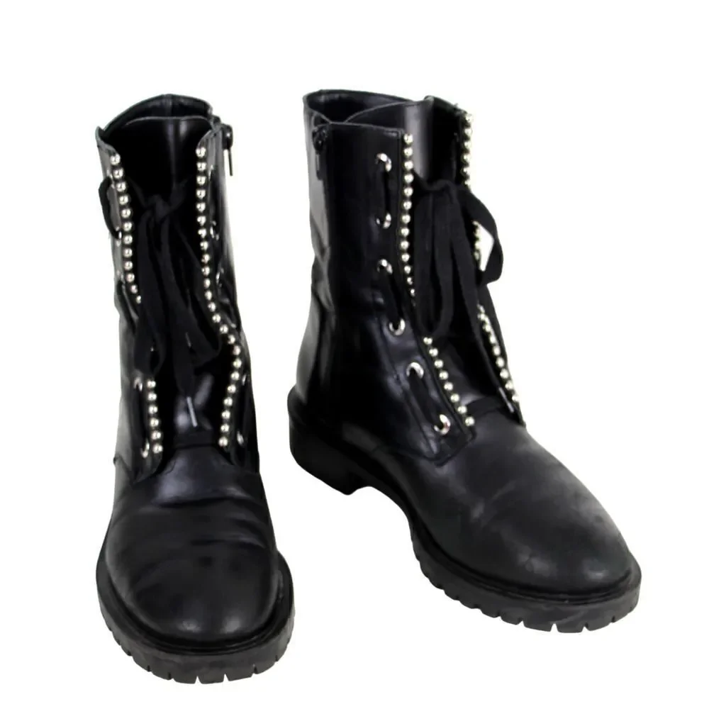 Zara BLACK GENUINE LEATHER ZIP SIDE LACE UP LOW HEEL ROUND TOE ANKLE BOOTS Sz 37